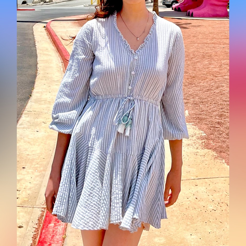 Aakaa Medium Longsleeve Button-Up V-neck Striped Sundress